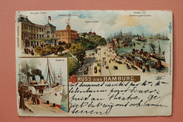 Ansichtskarte Litho AK Gruß aus Hamburg 1900 Seewarte Wiezele Hotel Hafen Dampfer COBRA Straßenbahn Architektur Ortsansicht